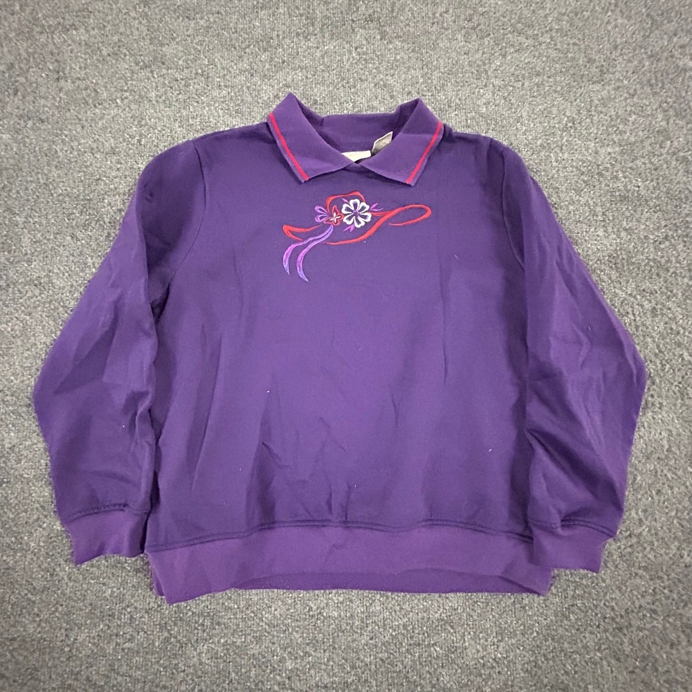 Studio Works Sweatshirt Womens Size M Purple Collared Floral Hat Embroidered Top